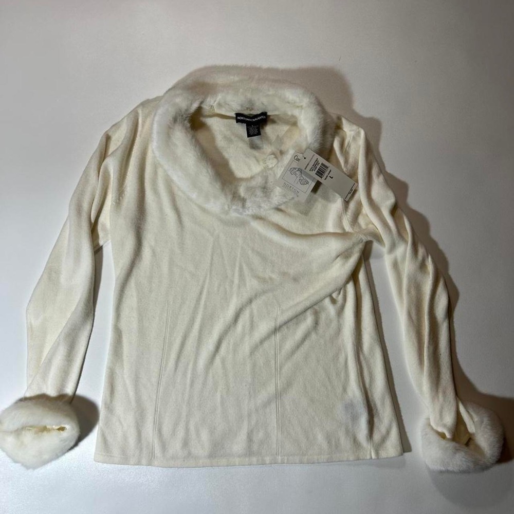 Norton McNaughton Faux Fur Trim Sweater Womens Size L Ivory NWT